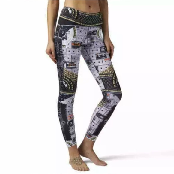 Reebok Speedwick Lux Bold Baroque Print Leggings •Large •Cassette Tape Music - Picture 3 of 15